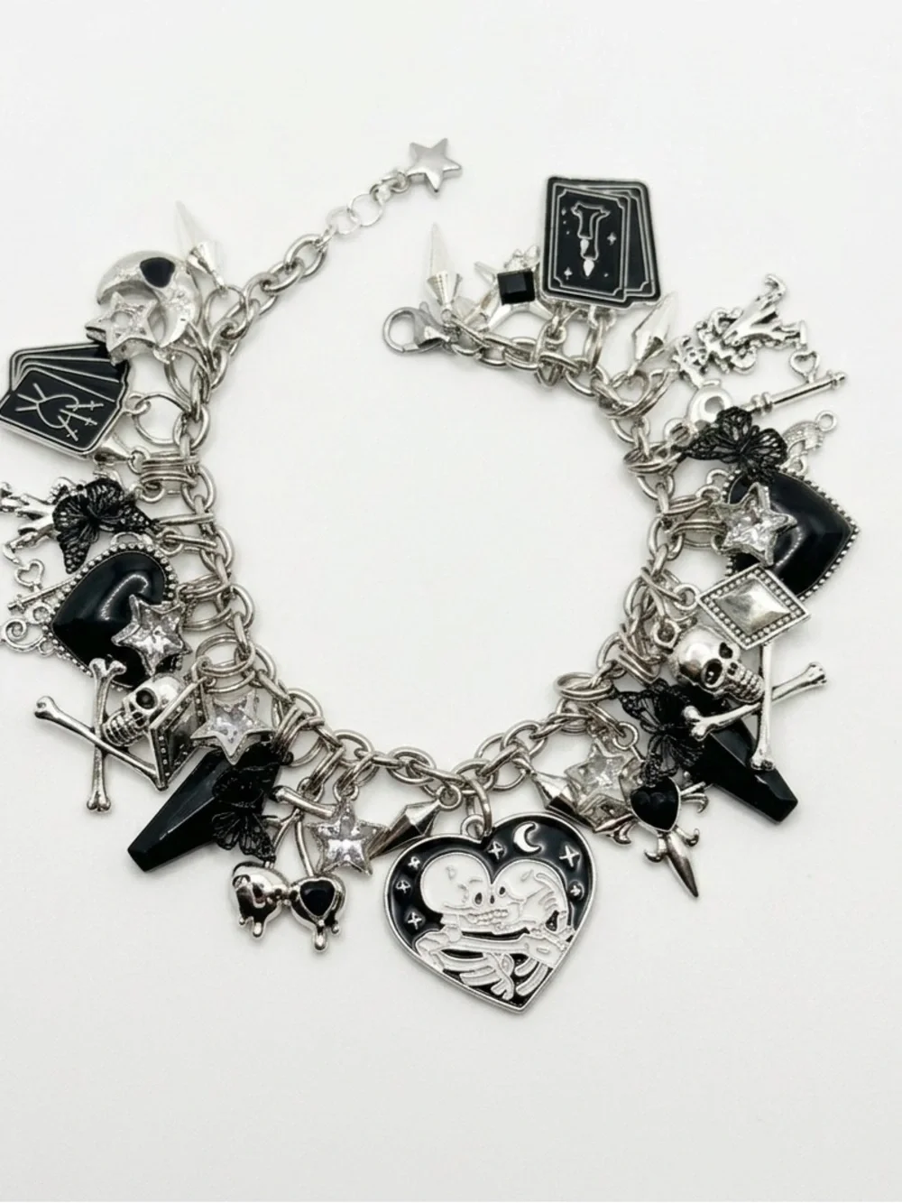 Silver Tone Gothic Charm Bracelet with Heart Skeleton Pendant